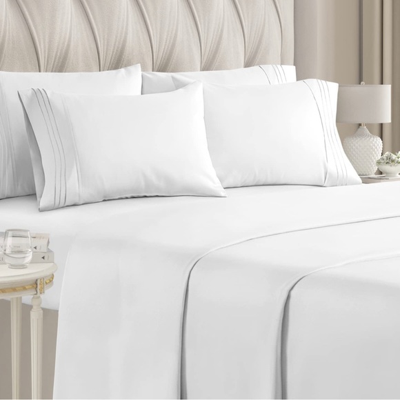 New - White 6 Piece King Size Microfiber Luxury Bed Sheet Set - Picture 1 of 8